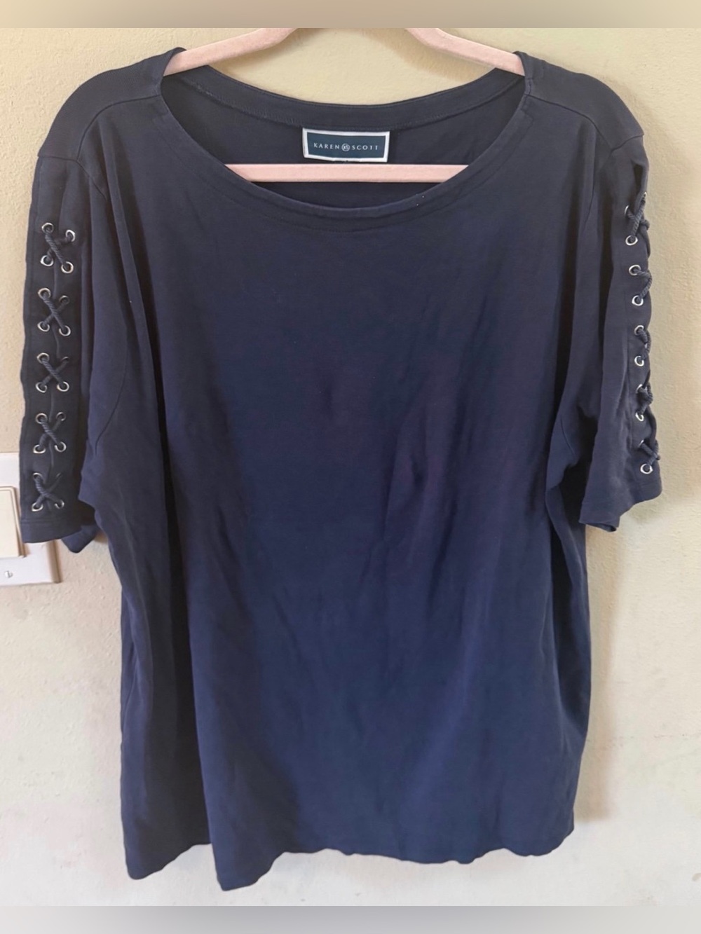 Karen Scott Navy Short Sleeve Scoop Top with Lace-Up Sleeves